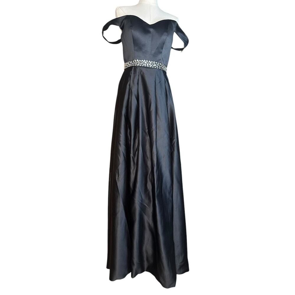 Womens Long Black Off the Shoulder Formal A-Line Dress Pockets Sequins Size 4?
